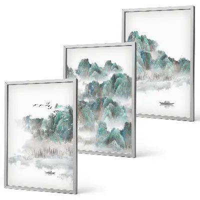 Bilder 3er-Set mit Rahmen Motiv Berge, Wolken, Vögel und Boot im Japandi Stil