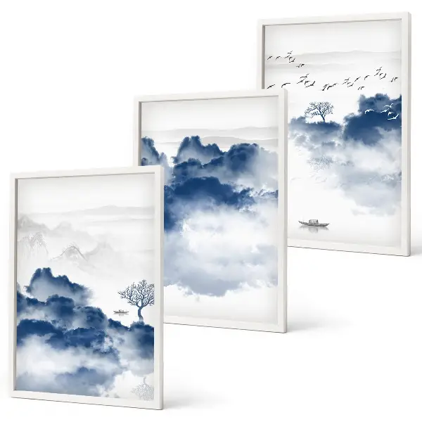 Gerahmtes Bilderset mit Motiven von Bergen, Wolken, Bäumen und Vögeln