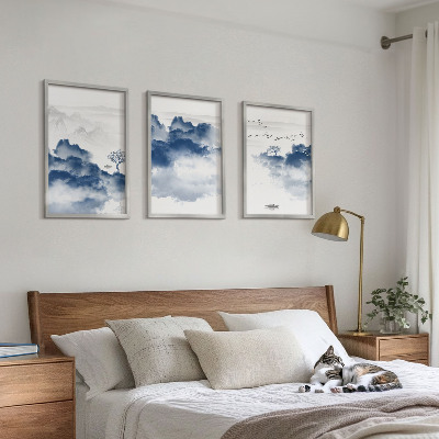 Gerahmtes bilderset Berge, Wolken, Bäume, Vögel