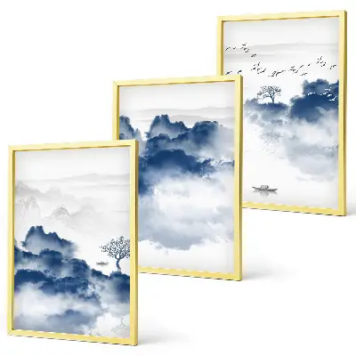 Gerahmtes Bilderset mit Motiven von Bergen, Wolken, Bäumen und Vögeln