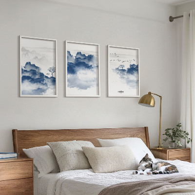 Gerahmtes bilderset Berge, Wolken, Bäume, Vögel