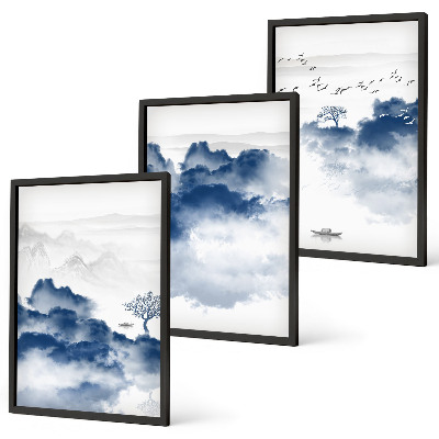 Gerahmtes bilderset Berge, Wolken, Bäume, Vögel