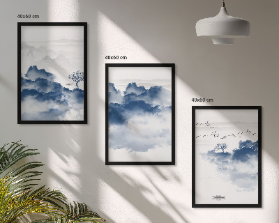 Gerahmtes bilderset Berge, Wolken, Bäume, Vögel
