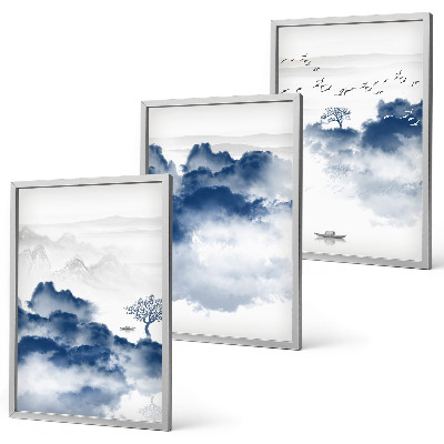 Gerahmtes bilderset Berge, Wolken, Bäume, Vögel