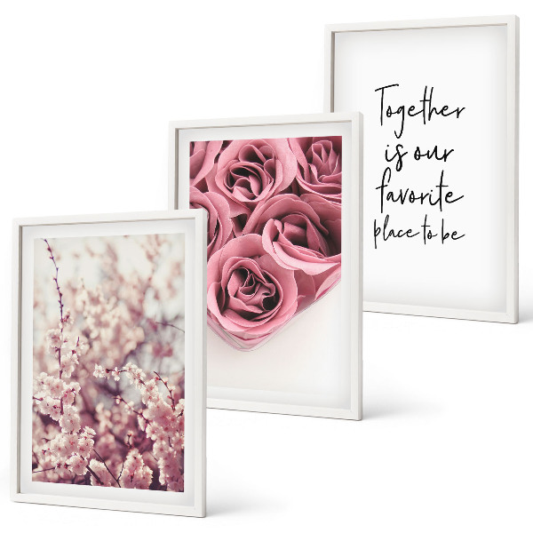 Bilder-3er-set mit rahmen Blumensträuße aus Rosen mit einer Inschrift