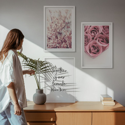 Bilder-3er-set mit rahmen Blumensträuße aus Rosen mit einer Inschrift