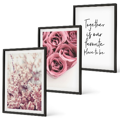Bilder-3er-set mit rahmen Blumensträuße aus Rosen mit einer Inschrift