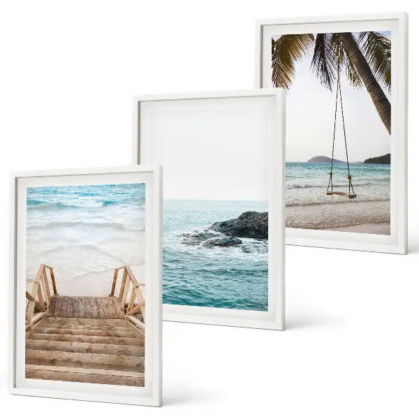 Gerahmtes Bilderset mit Motiv Treppe, Strand, Meer und Schaukel