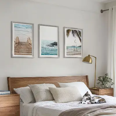 Gerahmtes Bilderset mit Motiv Treppe, Strand, Meer und Schaukel