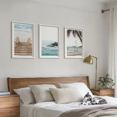 Gerahmtes Bilderset mit Motiv Treppe, Strand, Meer und Schaukel
