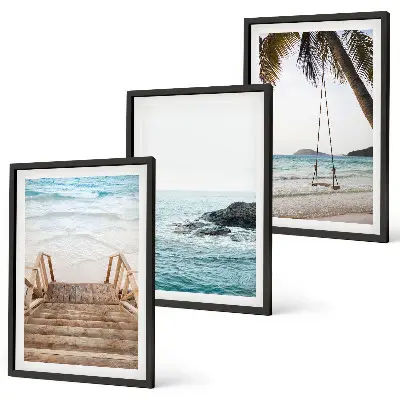 Gerahmtes Bilderset mit Motiv Treppe, Strand, Meer und Schaukel
