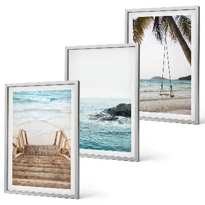 Gerahmtes Bilderset mit Motiv Treppe, Strand, Meer und Schaukel