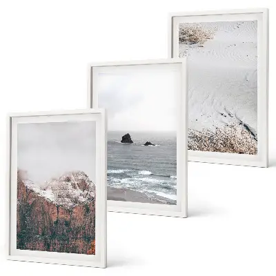 Gerahmtes Bilderset mit Motiven von Bergen, Wolken, Meer, Sand und Natur
