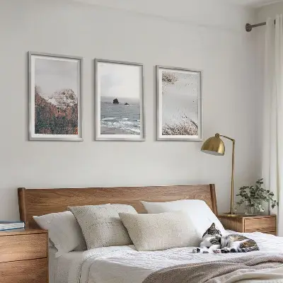 Gerahmtes Bilderset mit Motiven von Bergen, Wolken, Meer, Sand und Natur