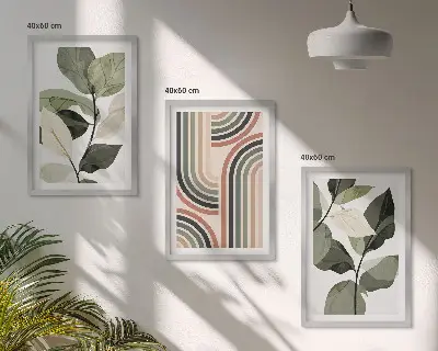 Gerahmtes Bilderset mit geometrischen Pflanzenmotiven