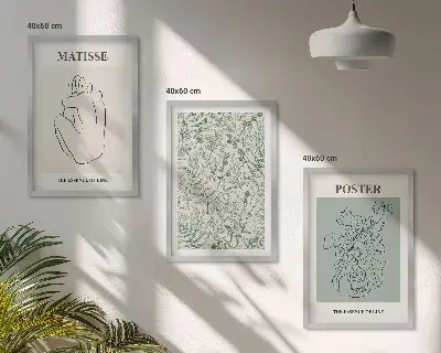 Bilder-3er-Set mit Rahmen mit Linien und Pflanzenmustern im minimalistischen Stil