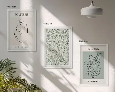 Bilder-3er-Set mit Rahmen mit Linien und Pflanzenmustern im minimalistischen Stil