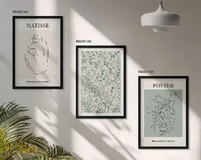 Bilder-3er-Set mit Rahmen mit Linien und Pflanzenmustern im minimalistischen Stil