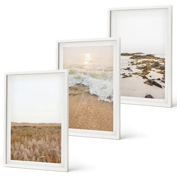 Gerahmtes Bilderset mit Strandwellen, Steinen und Sommermotiv