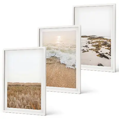 Gerahmtes Bilderset mit Strandwellen, Steinen und Sommermotiv