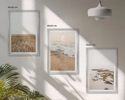 Gerahmtes Bilderset mit Strandwellen, Steinen und Sommermotiv