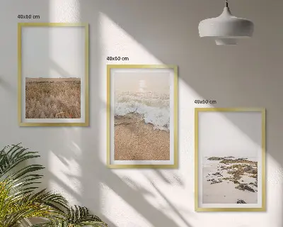Gerahmtes Bilderset mit Strandwellen, Steinen und Sommermotiv