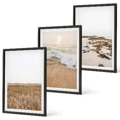Gerahmtes Bilderset mit Strandwellen, Steinen und Sommermotiv