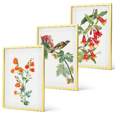 Bilder-3er-set mit rahmen Gemalte Blumen und ein Vogel
