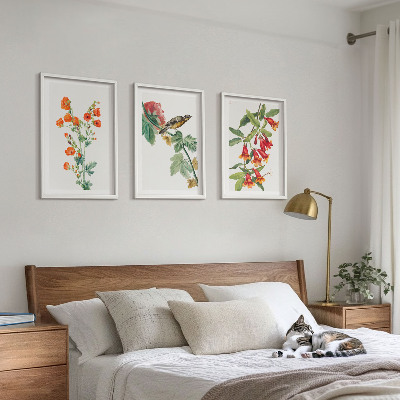 Bilder-3er-set mit rahmen Gemalte Blumen und ein Vogel