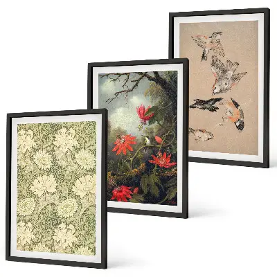 3er-Set Bilder mit Rahmen Motiv Blumen Vögel und Natur