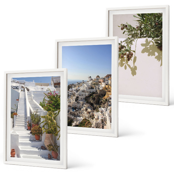Gerahmtes bilderset Weiße Treppe mit Blick auf Santorini