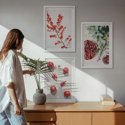 3er-Set Bilder mit Rahmen Minimalismus von roten Früchten und Pflanzen