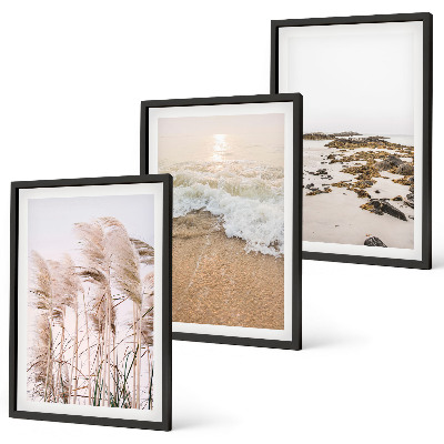 Gerahmtes bilderset Strandgras, Wellen, Steine, Boho-Stil