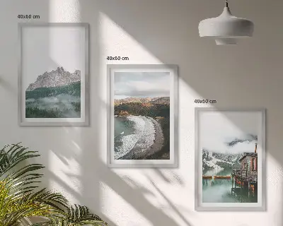 3er-Set Bilder mit Rahmen Motiv Holzhaus an Bergstränden