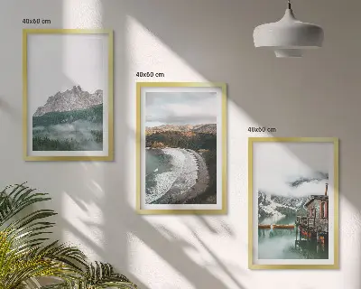 3er-Set Bilder mit Rahmen Motiv Holzhaus an Bergstränden
