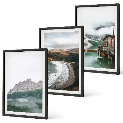3er-Set Bilder mit Rahmen Motiv Holzhaus an Bergstränden
