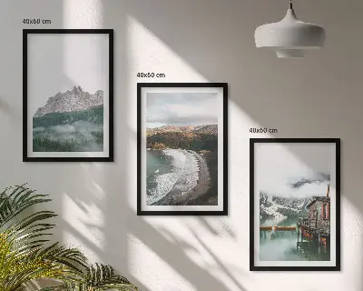 3er-Set Bilder mit Rahmen Motiv Holzhaus an Bergstränden