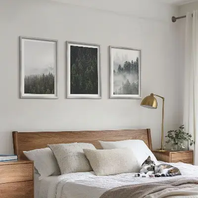 Gerahmtes Bilderset mit grünen Wäldern und Nebel in der Natur