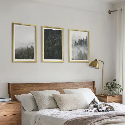 Gerahmtes Bilderset mit grünen Wäldern und Nebel in der Natur