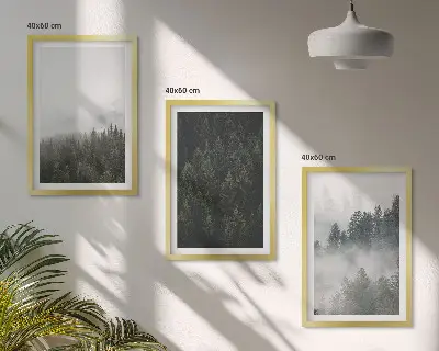 Gerahmtes Bilderset mit grünen Wäldern und Nebel in der Natur