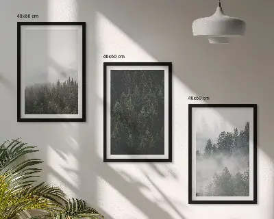 Gerahmtes Bilderset mit grünen Wäldern und Nebel in der Natur