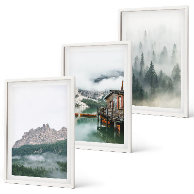 Gerahmtes bilderset Berge, See, Hütte, Nebel