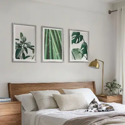 Bilder-3er-Set mit Rahmen Motiv Bambusstängel und Monstera-Blätter