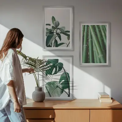 Bilder-3er-Set mit Rahmen Motiv Bambusstängel und Monstera-Blätter