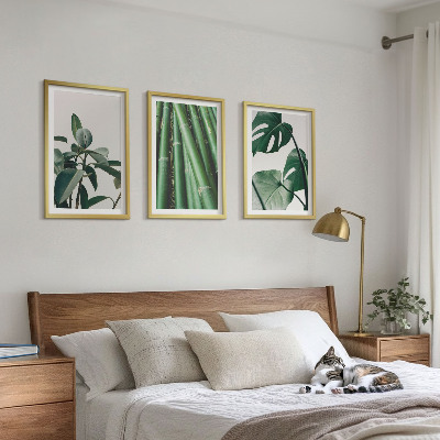 Bilder-3er-set mit rahmen Bambusstängel und Monstera-Blätter