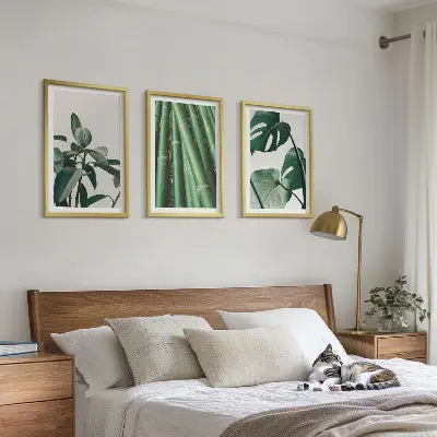 Bilder-3er-Set mit Rahmen Motiv Bambusstängel und Monstera-Blätter