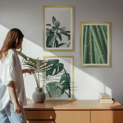 Bilder-3er-Set mit Rahmen Motiv Bambusstängel und Monstera-Blätter