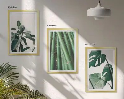 Bilder-3er-Set mit Rahmen Motiv Bambusstängel und Monstera-Blätter