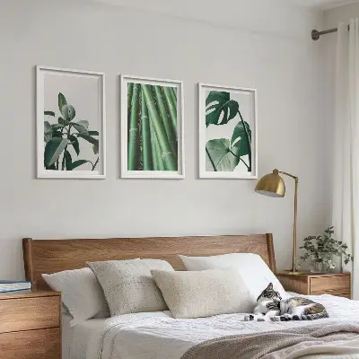 Bilder-3er-Set mit Rahmen Motiv Bambusstängel und Monstera-Blätter