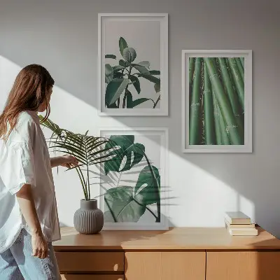 Bilder-3er-Set mit Rahmen Motiv Bambusstängel und Monstera-Blätter